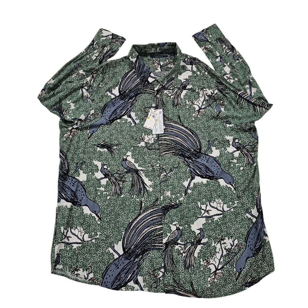 NWT Perry Ellis 4XL Bird‎ Print Button Up Shirt Long Sleeve Green White